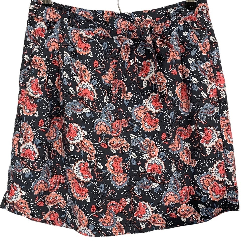 LOFT Womens Skirt Petite Size PM Floral Charcoal Gray Coral Tie Waist A-Line